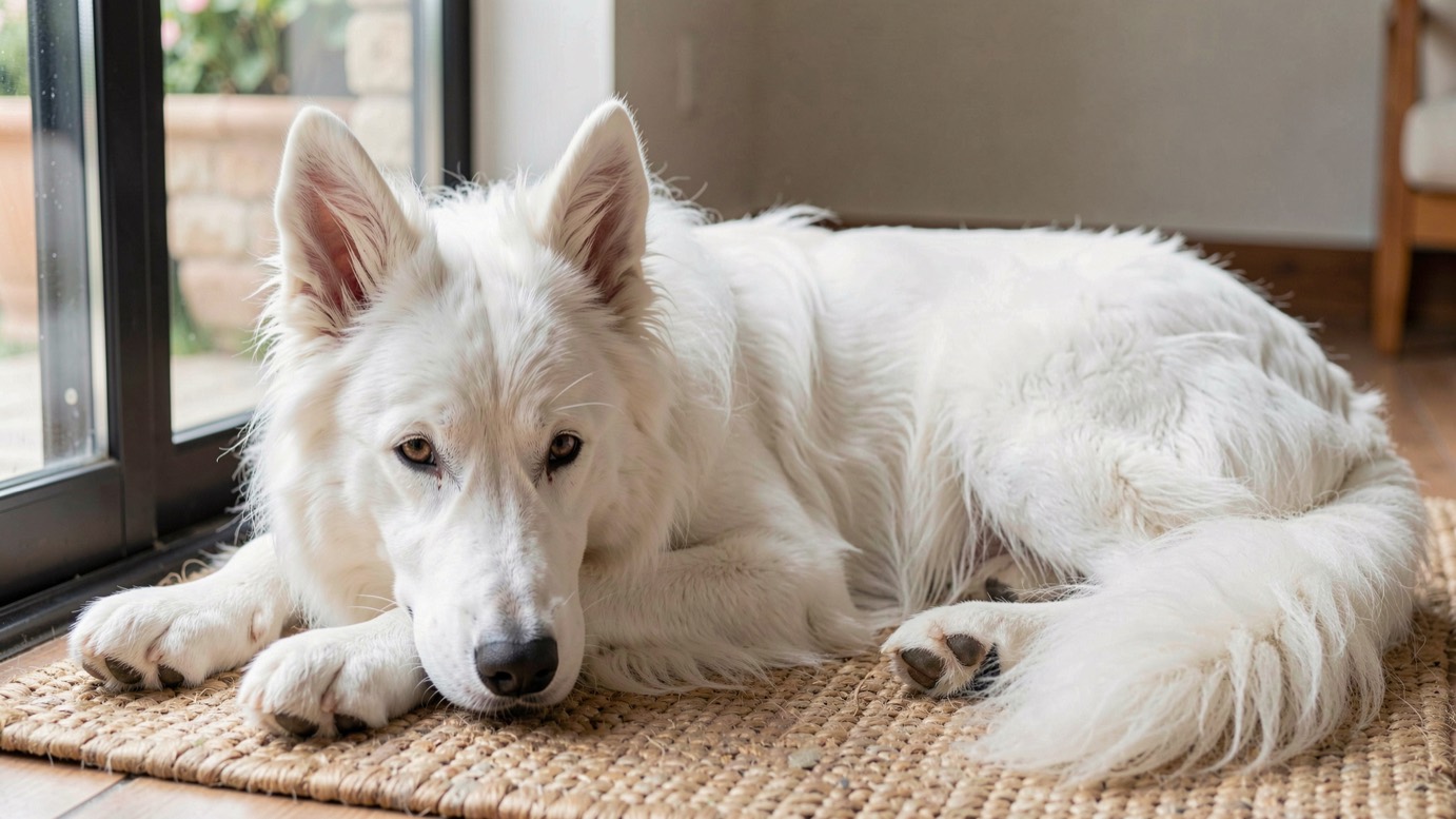 Berger blanc suisse à robe blanche et oreilles dressées couché sur un tapis près d’une porte vitrée, truffe noire posée sur les pattes, lumière douce de fin de matinée