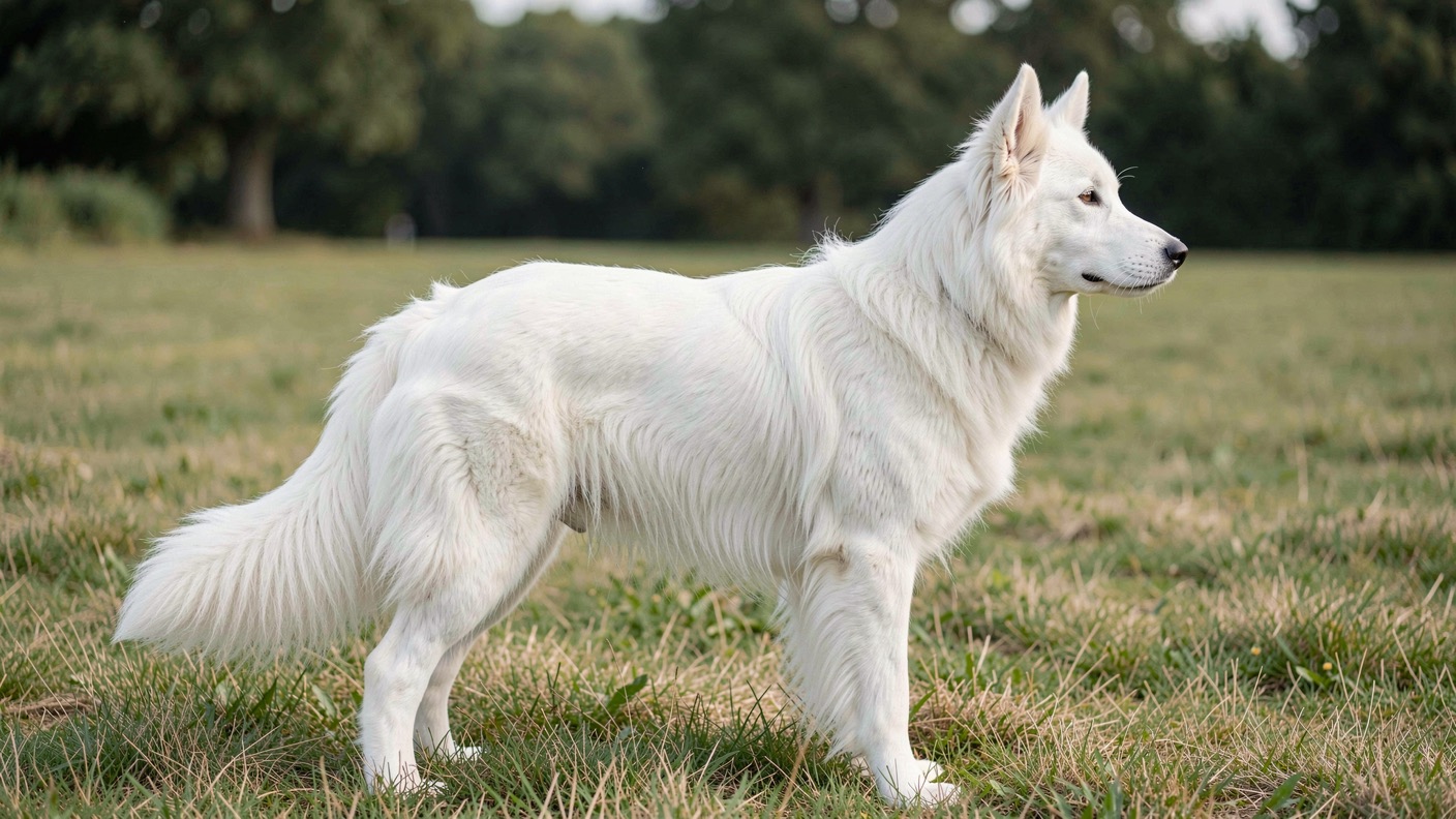 Berger blanc suisse vu de profil sur un pré tondu, robe blanche mi-longue, oreilles dressées en triangle, truffe noire, dos horizontal et queue en sabre
