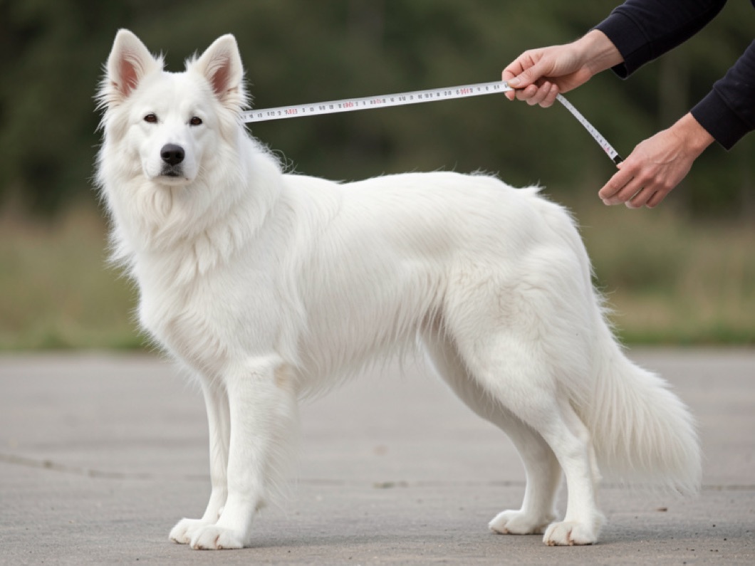 Berger blanc suisse à robe blanche et oreilles dressées mesuré au garrot avec une toise métallique, truffe noire et dos horizontal bien visibles